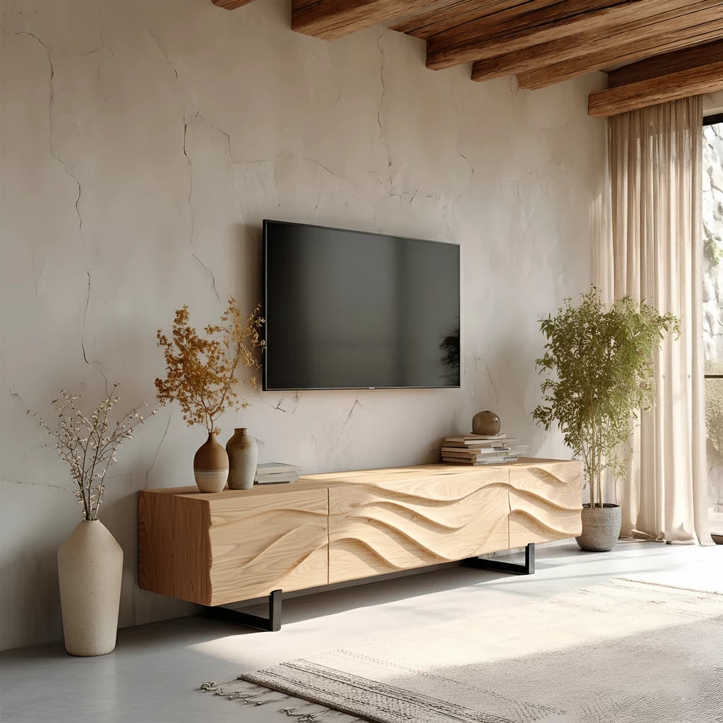 Hand-Carved Wave Wood TV Stand — Golden Drift Edition - Rustira