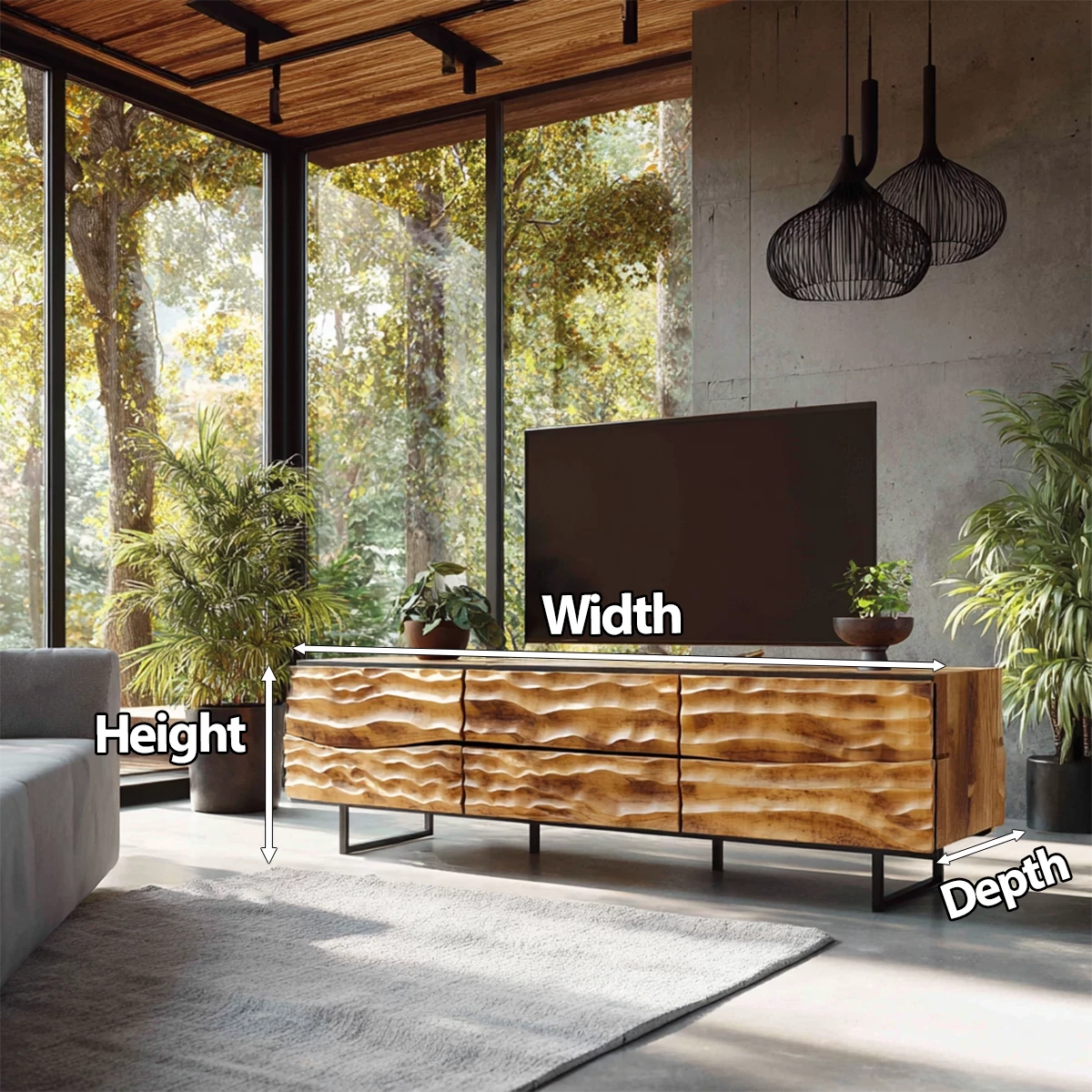 Hand-Carved Wavefront Solid Wood TV Stand – Natural Sculpted Media Console - Rustira