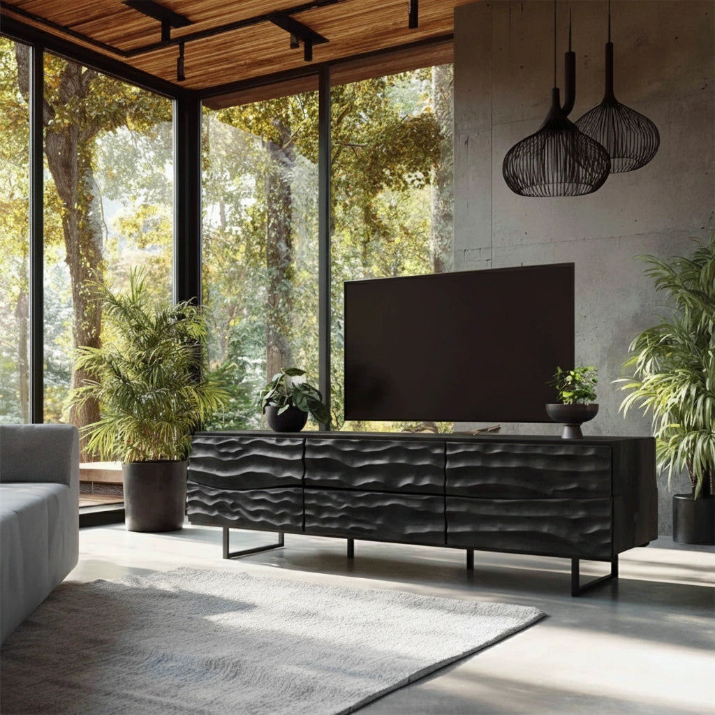 Hand-Carved Wavefront Solid Wood TV Stand – Natural Sculpted Media Console - Rustira