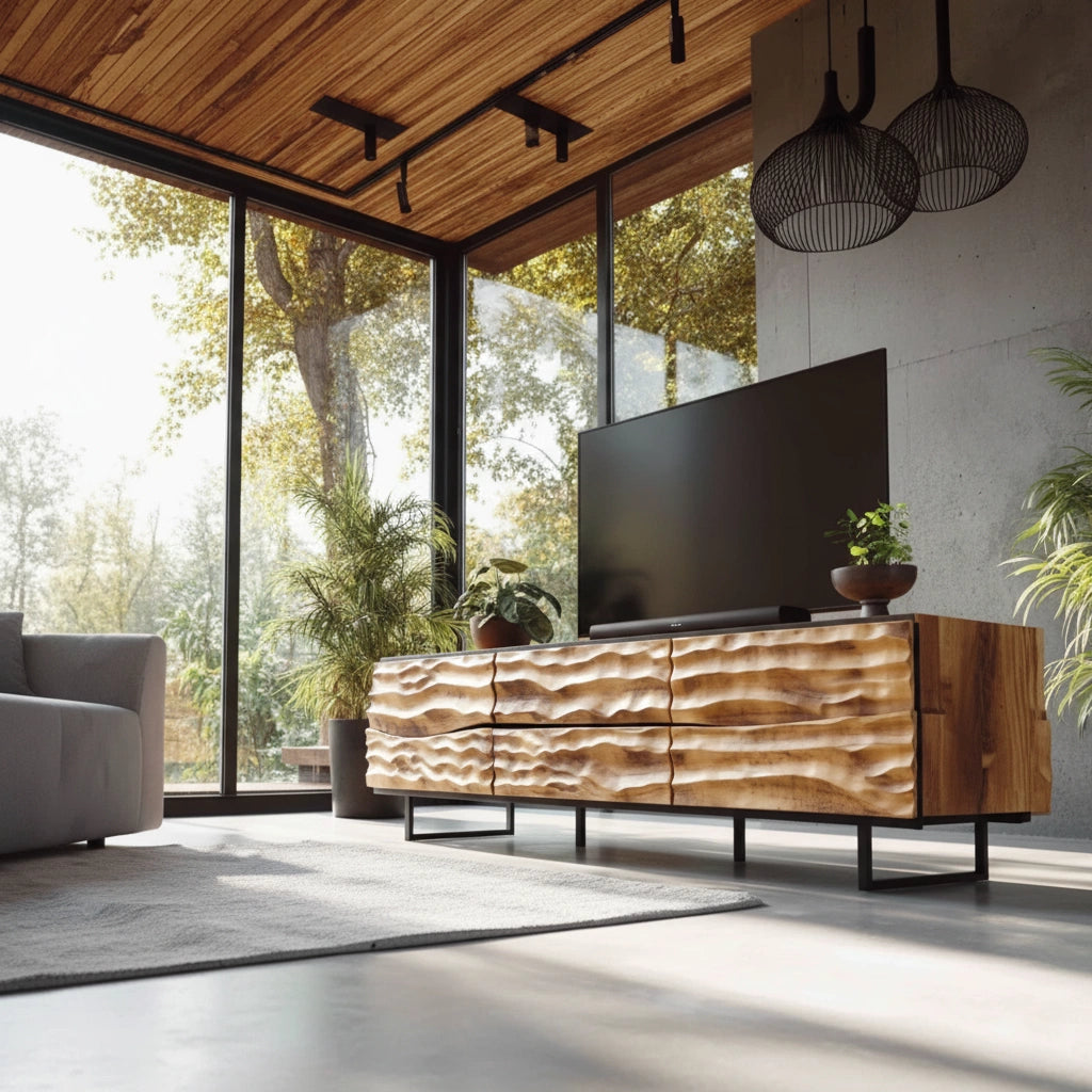 Hand-Carved Wavefront Solid Wood TV Stand – Natural Sculpted Media Console - Rustira