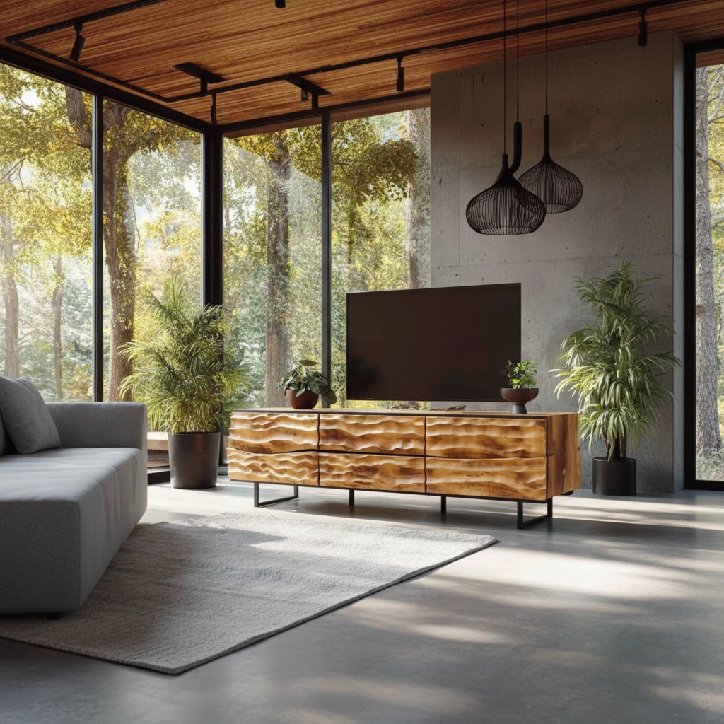 Hand-Carved Wavefront Solid Wood TV Stand – Natural Sculpted Media Console - Rustira