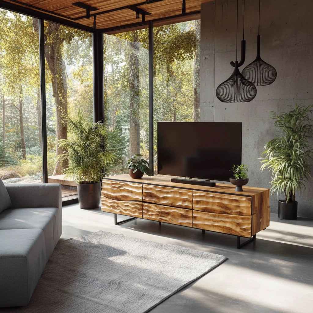 Hand-Carved Wavefront Solid Wood TV Stand – Natural Sculpted Media Console - Rustira