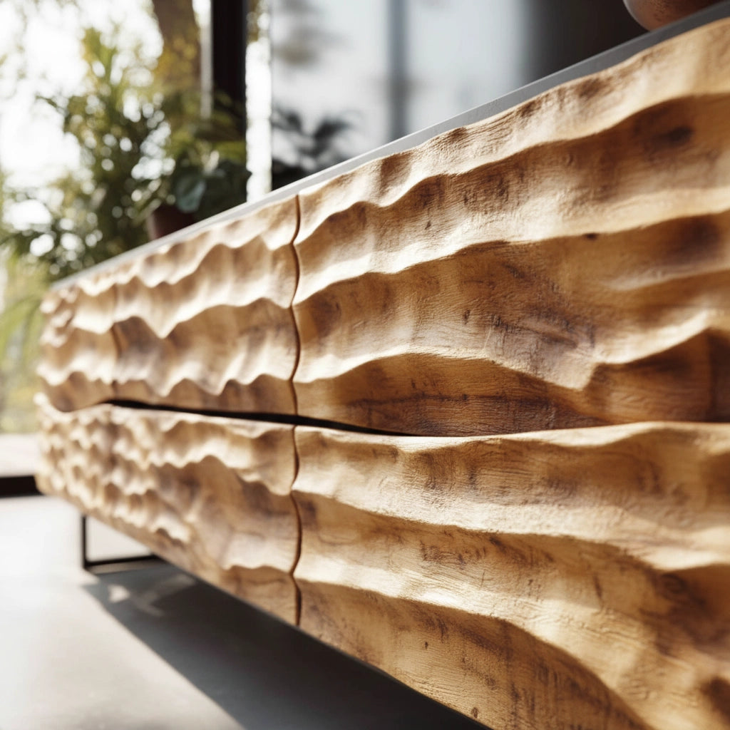 Hand-Carved Wavefront Solid Wood TV Stand – Natural Sculpted Media Console - Rustira