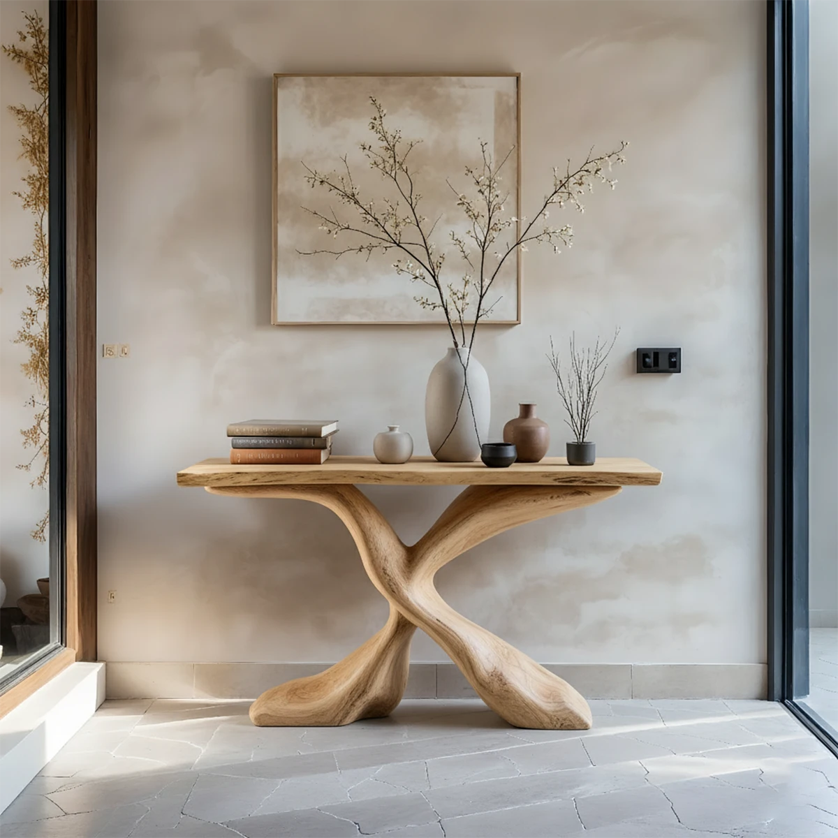 Hand-Carved X-Base Solid Wood Console Table — Organic Modern Art Furniture - Rustira