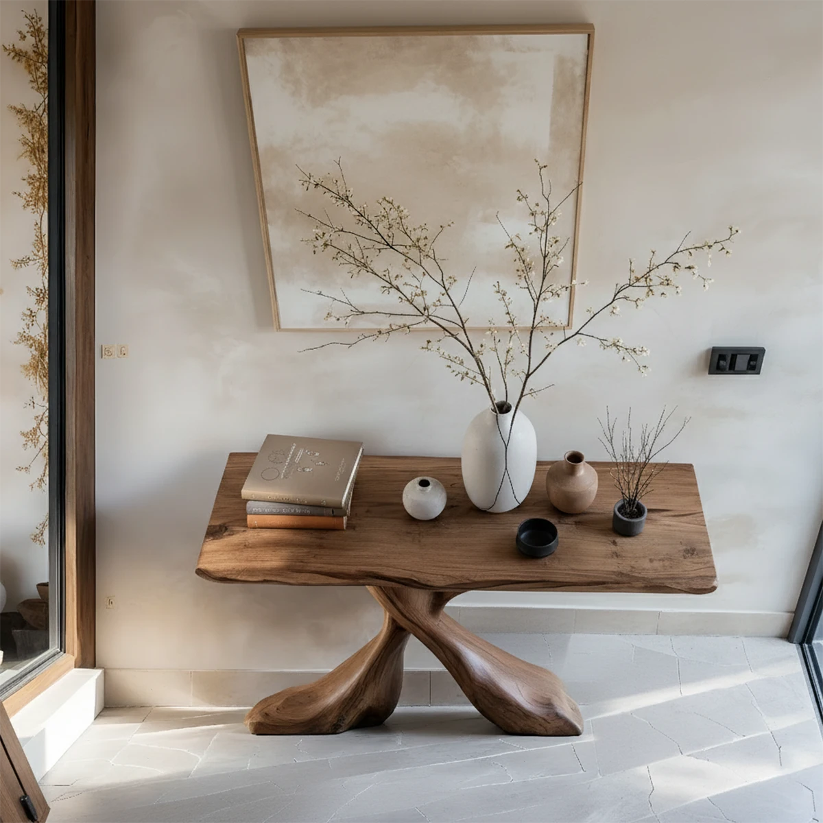 Hand-Carved X-Base Solid Wood Console Table — Organic Modern Art Furniture - Rustira