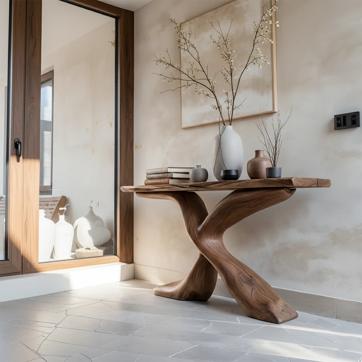 Hand-Carved X-Base Solid Wood Console Table — Organic Modern Art Furniture - Rustira