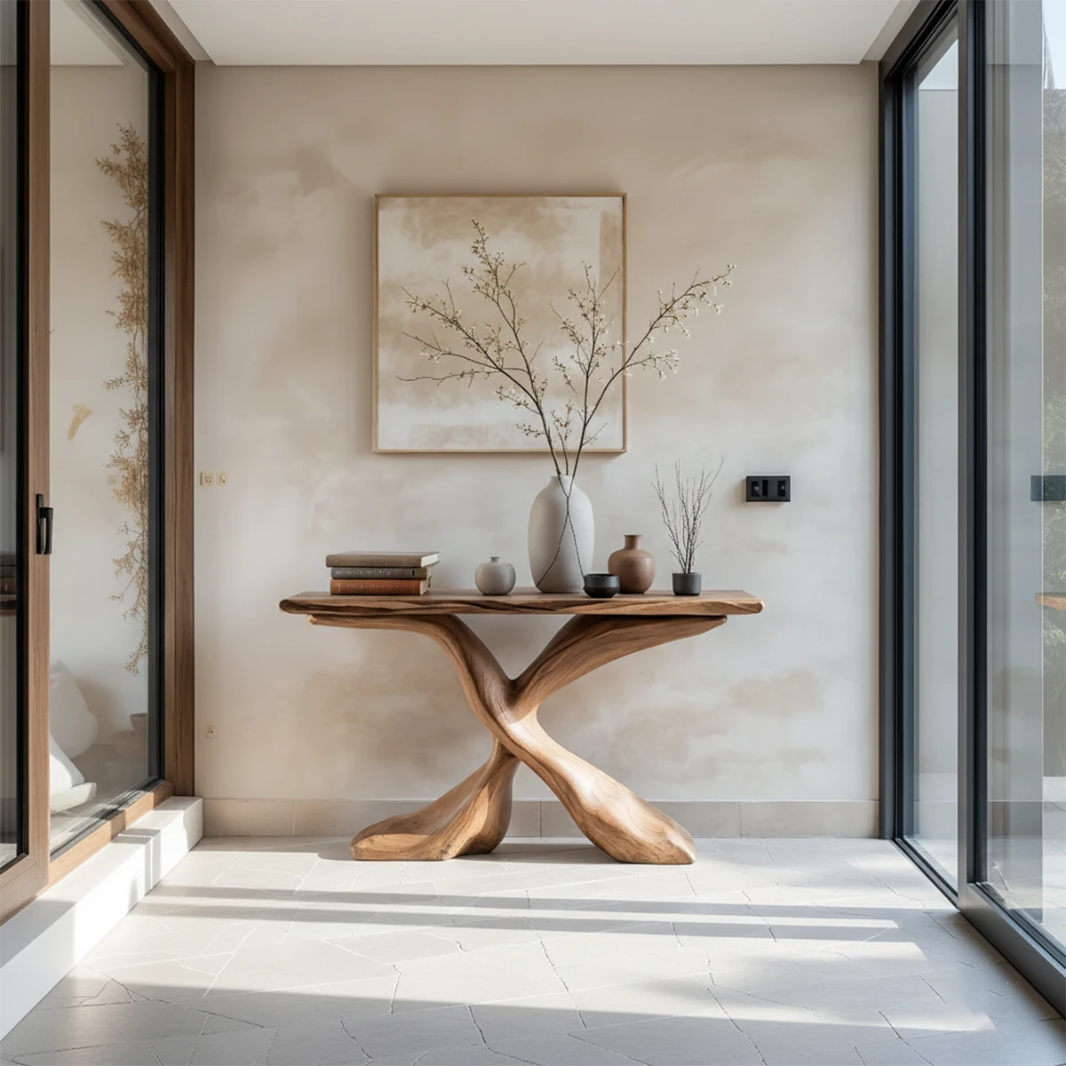 Hand-Carved X-Base Solid Wood Console Table — Organic Modern Art Furniture - Rustira