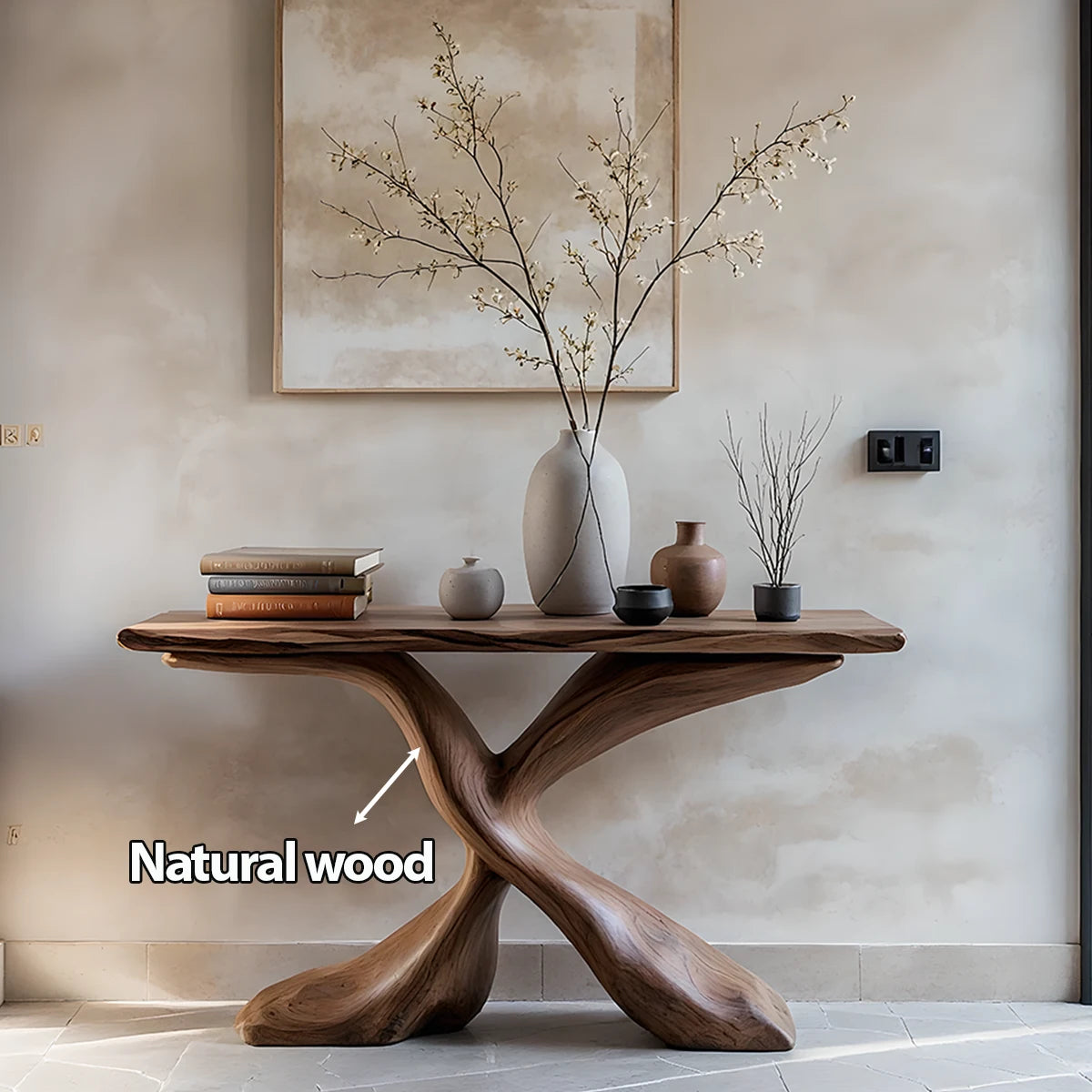Hand-Carved X-Base Solid Wood Console Table — Organic Modern Art Furniture - Rustira