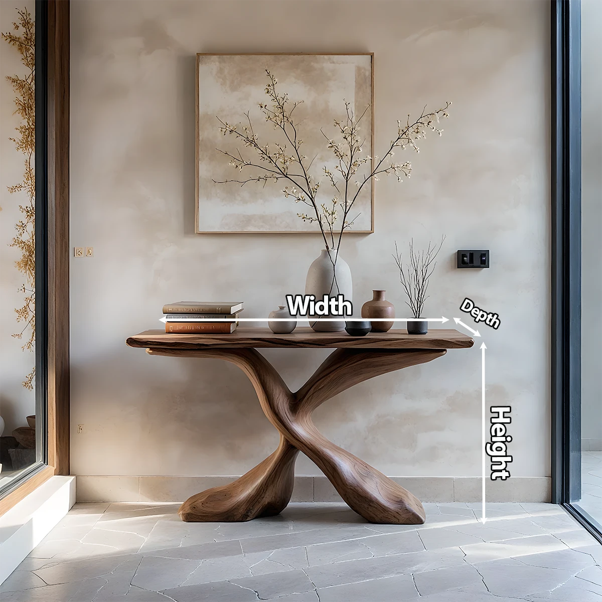 Hand-Carved X-Base Solid Wood Console Table — Organic Modern Art Furniture - Rustira