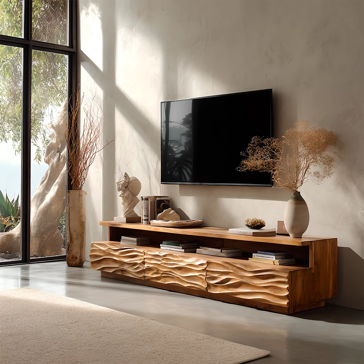 Hand-Sculpted Organic Wave Wood TV Stand — Natural Sunrise Finish - Rustira