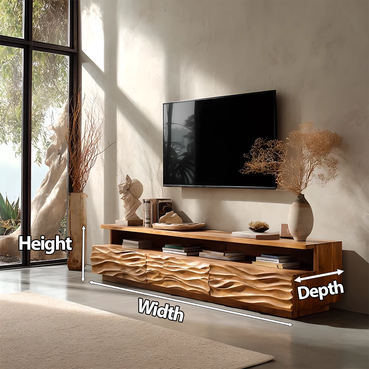 Hand-Sculpted Organic Wave Wood TV Stand — Natural Sunrise Finish - Rustira