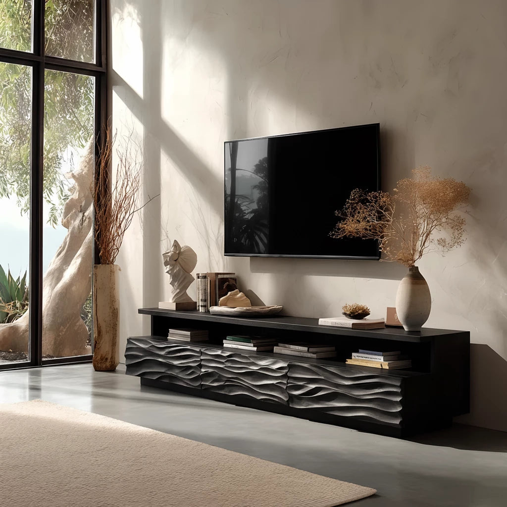 Hand-Sculpted Organic Wave Wood TV Stand — Natural Sunrise Finish - Rustira