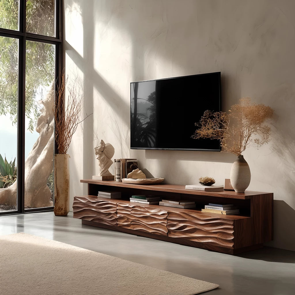 Hand-Sculpted Organic Wave Wood TV Stand — Natural Sunrise Finish - Rustira