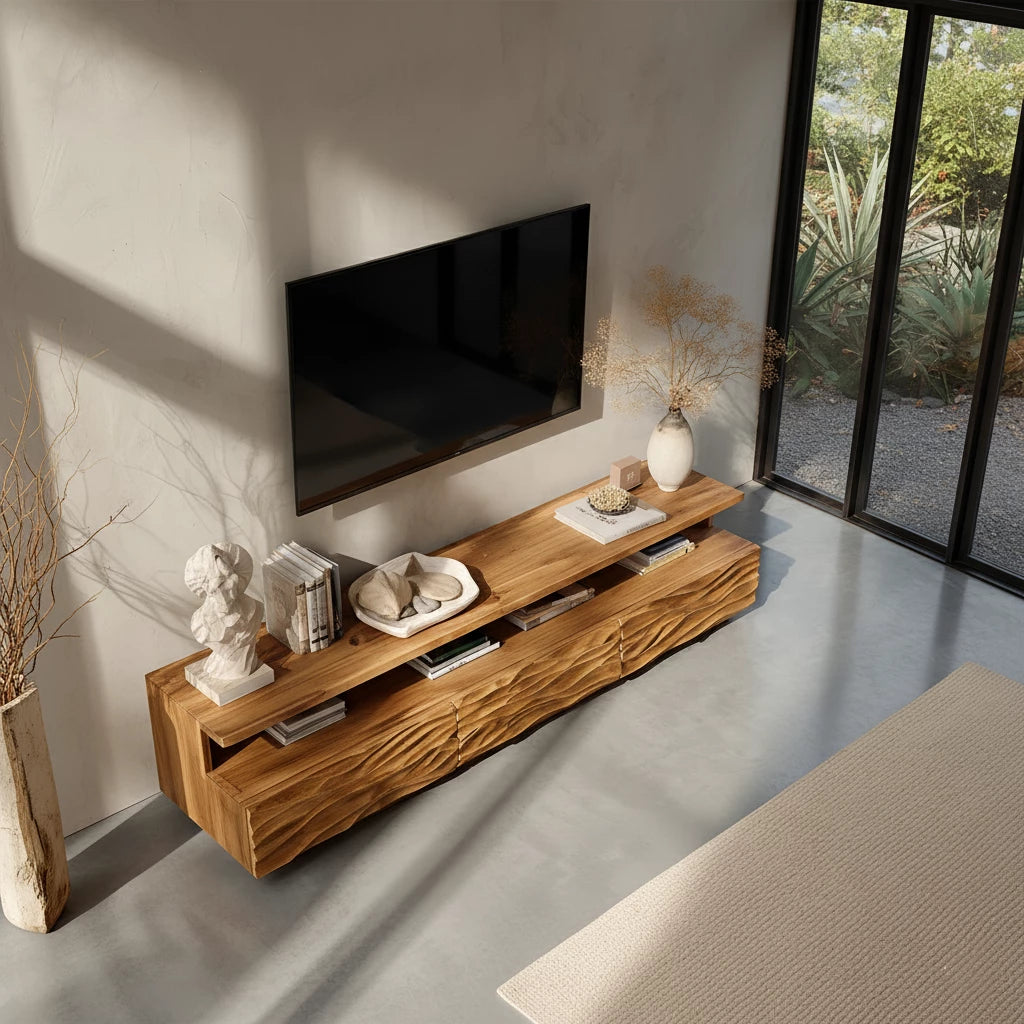 Hand-Sculpted Organic Wave Wood TV Stand — Natural Sunrise Finish - Rustira