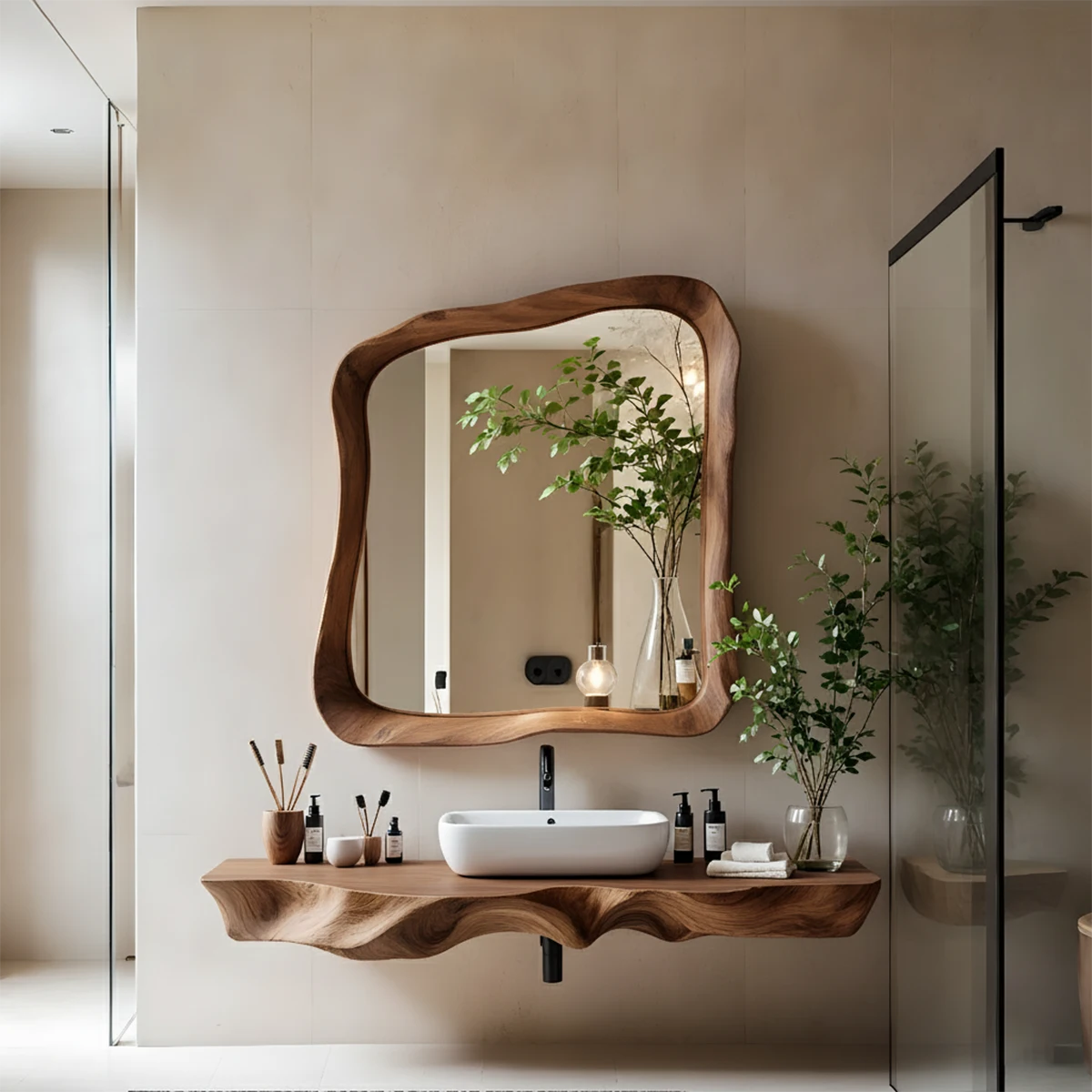 Handcrafted Live Edge Floating Bathroom Vanity Shelf With Mirror Frame - Rustira