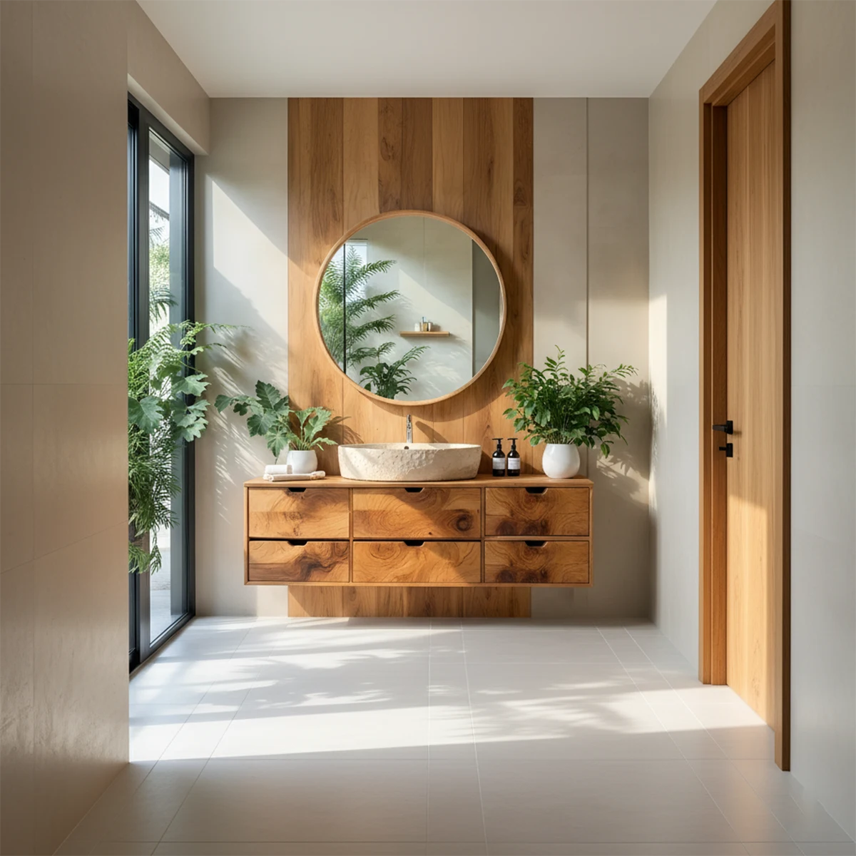 Handcrafted Solid Wood Floating Vanity with Stone Basin - Rustira