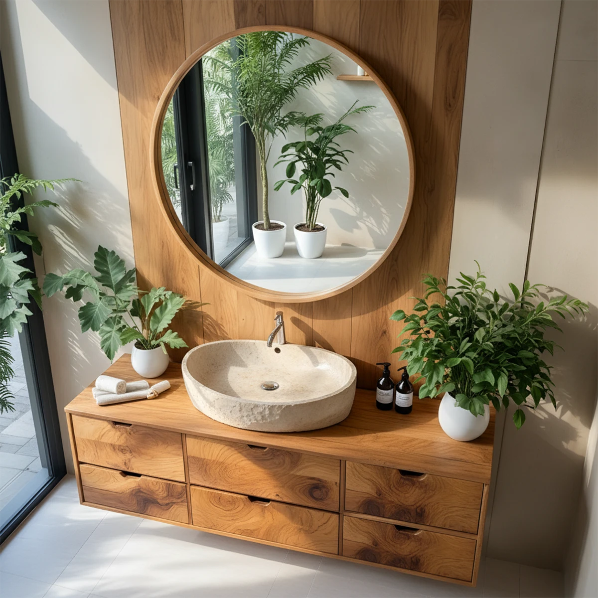 Handcrafted Solid Wood Floating Vanity with Stone Basin - Rustira