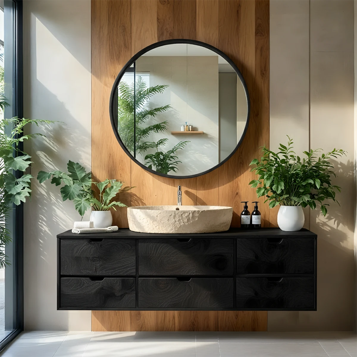 Handcrafted Solid Wood Floating Vanity with Stone Basin - Rustira