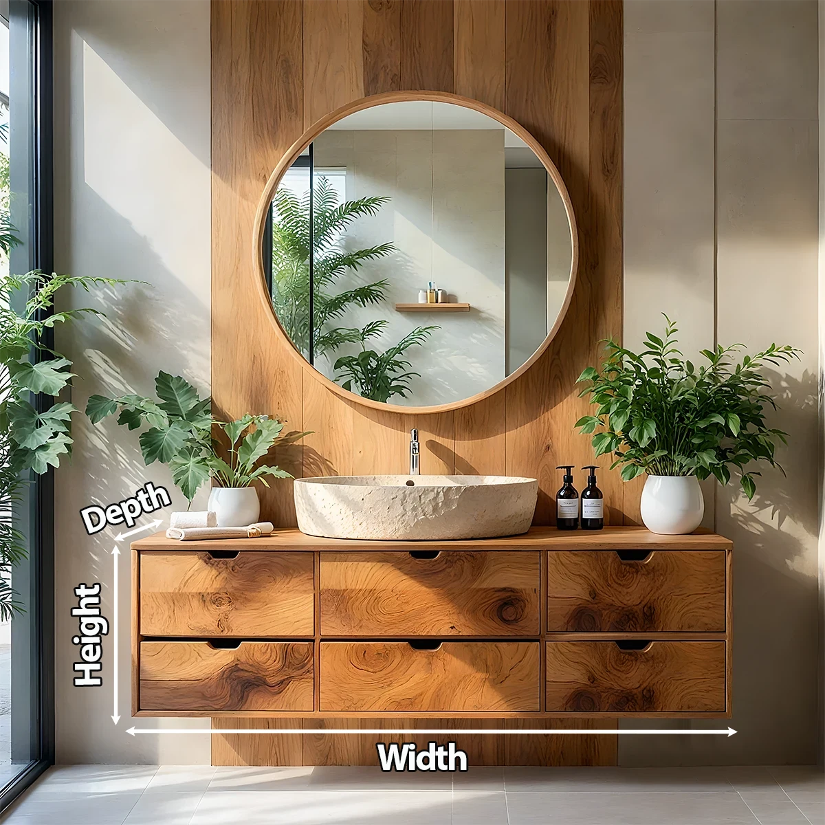 Handcrafted Solid Wood Floating Vanity with Stone Basin - Rustira