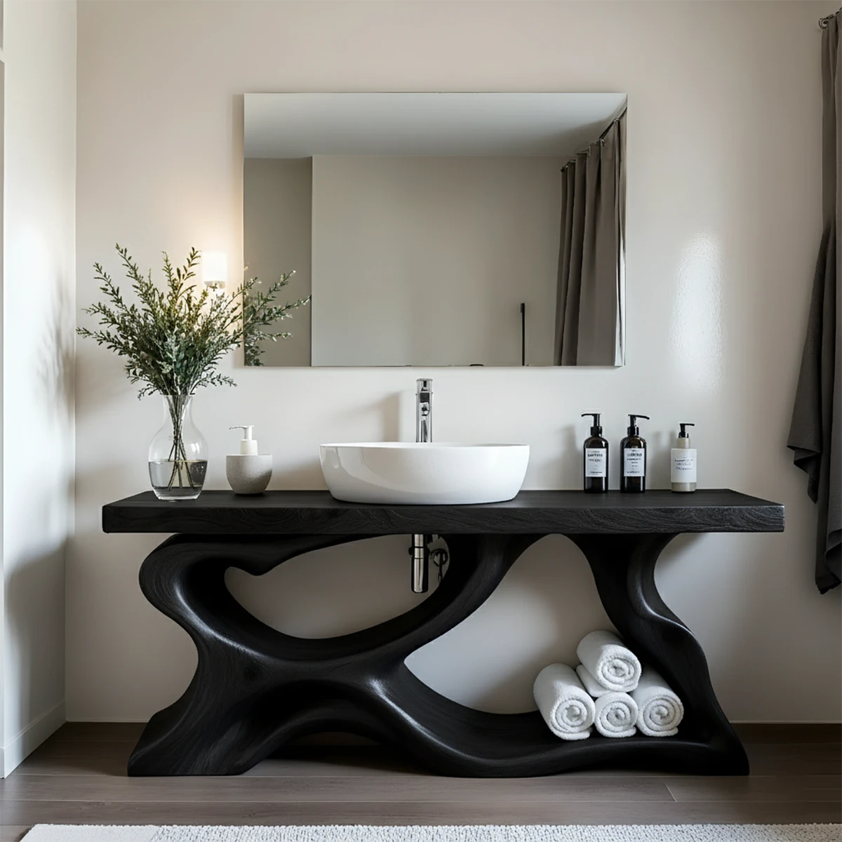 Handcrafted Solid Wood Vanity with Organic Curved Base - Rustira