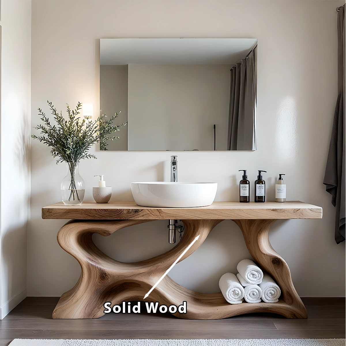 Handcrafted Solid Wood Vanity with Organic Curved Base - Rustira