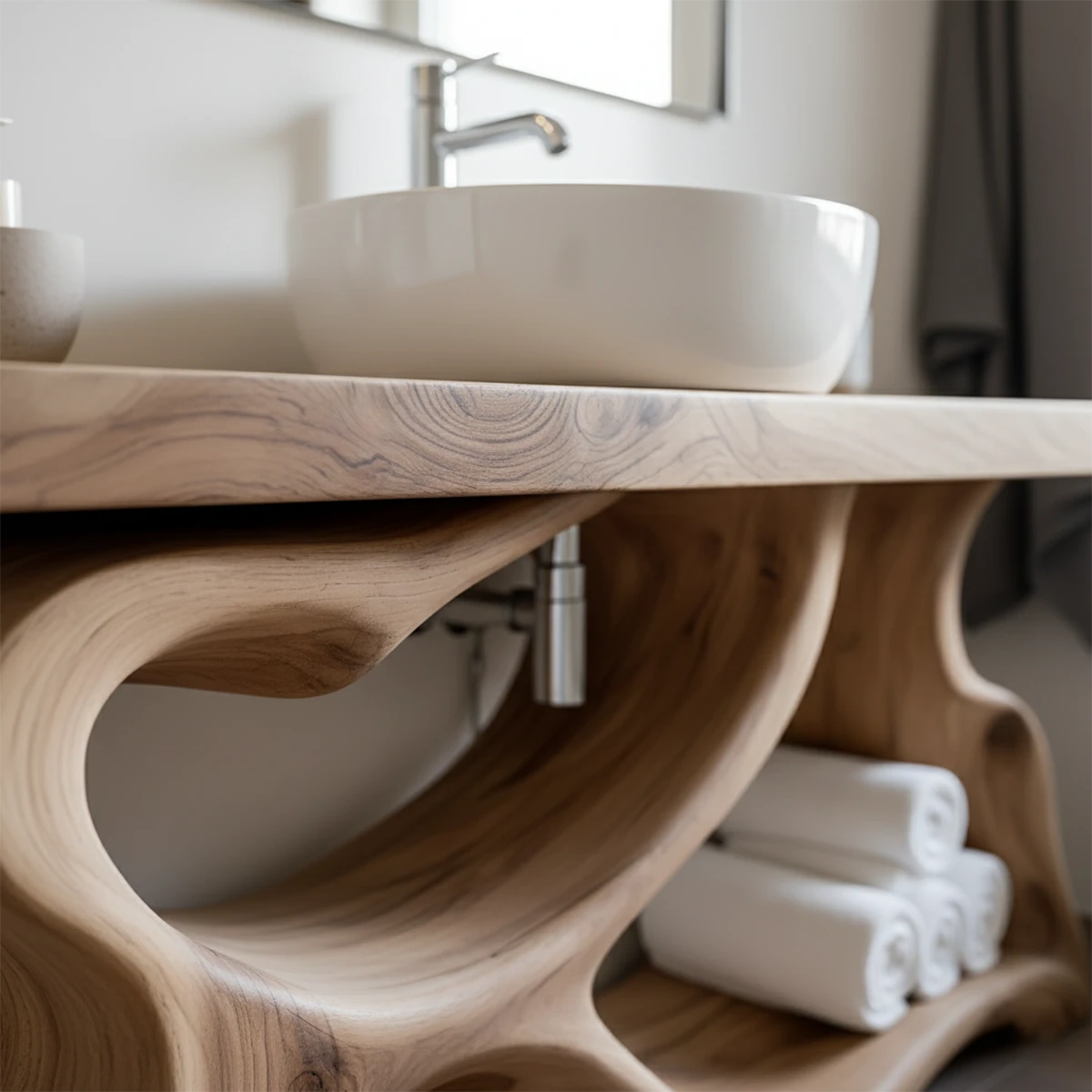 Handcrafted Solid Wood Vanity with Organic Curved Base - Rustira