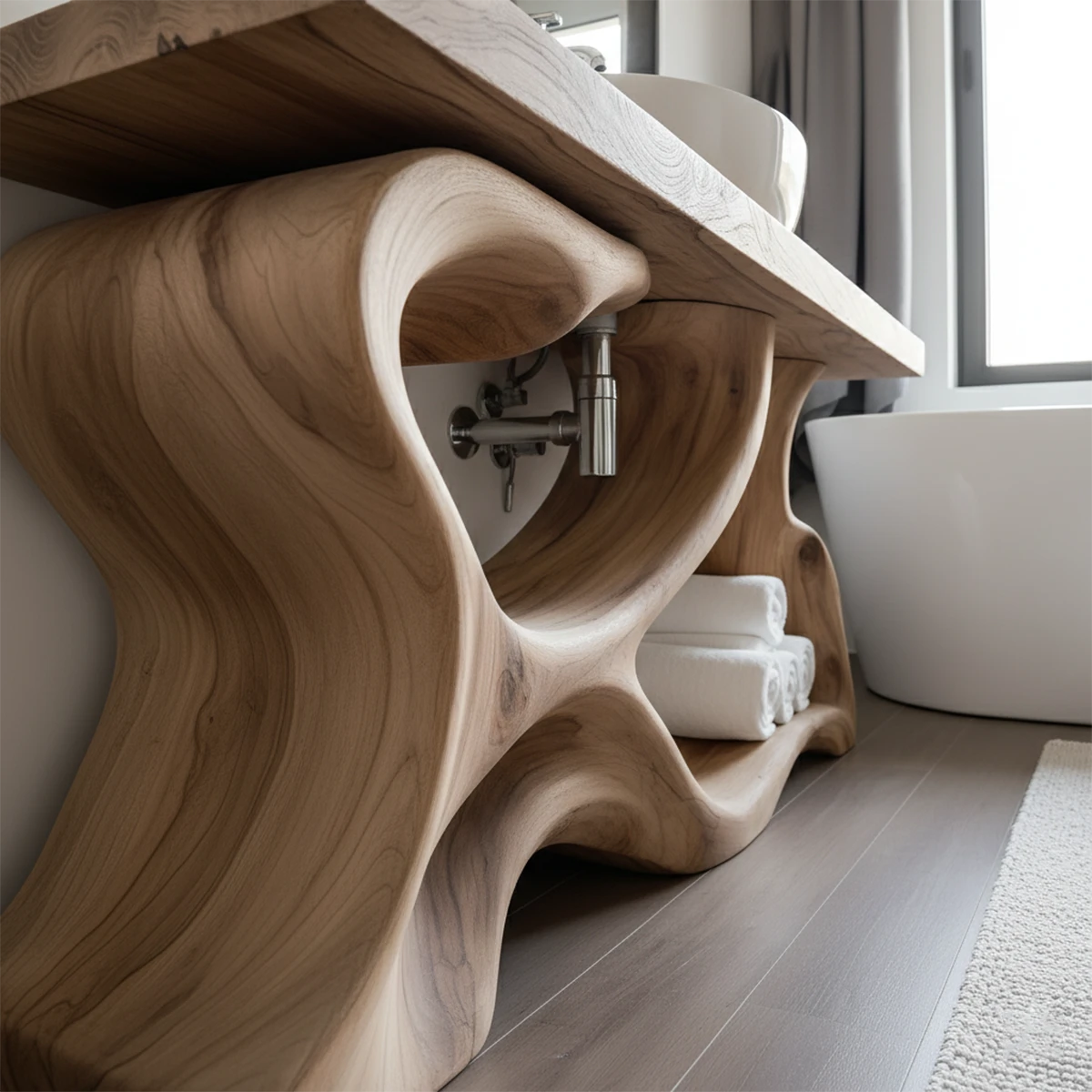 Handcrafted Solid Wood Vanity with Organic Curved Base - Rustira