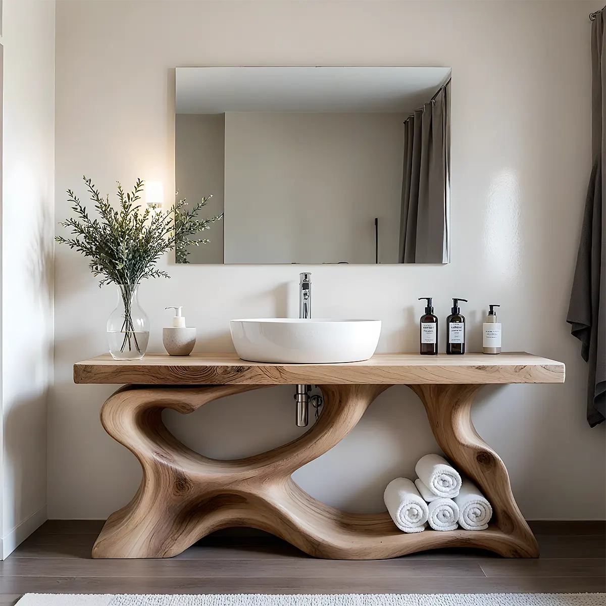 Handcrafted Solid Wood Vanity with Organic Curved Base - Rustira