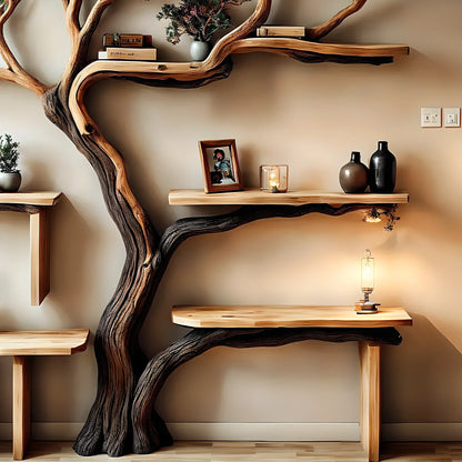 Handmade natural wooden tree branch bookshelf, children's room bookshelf, gift 