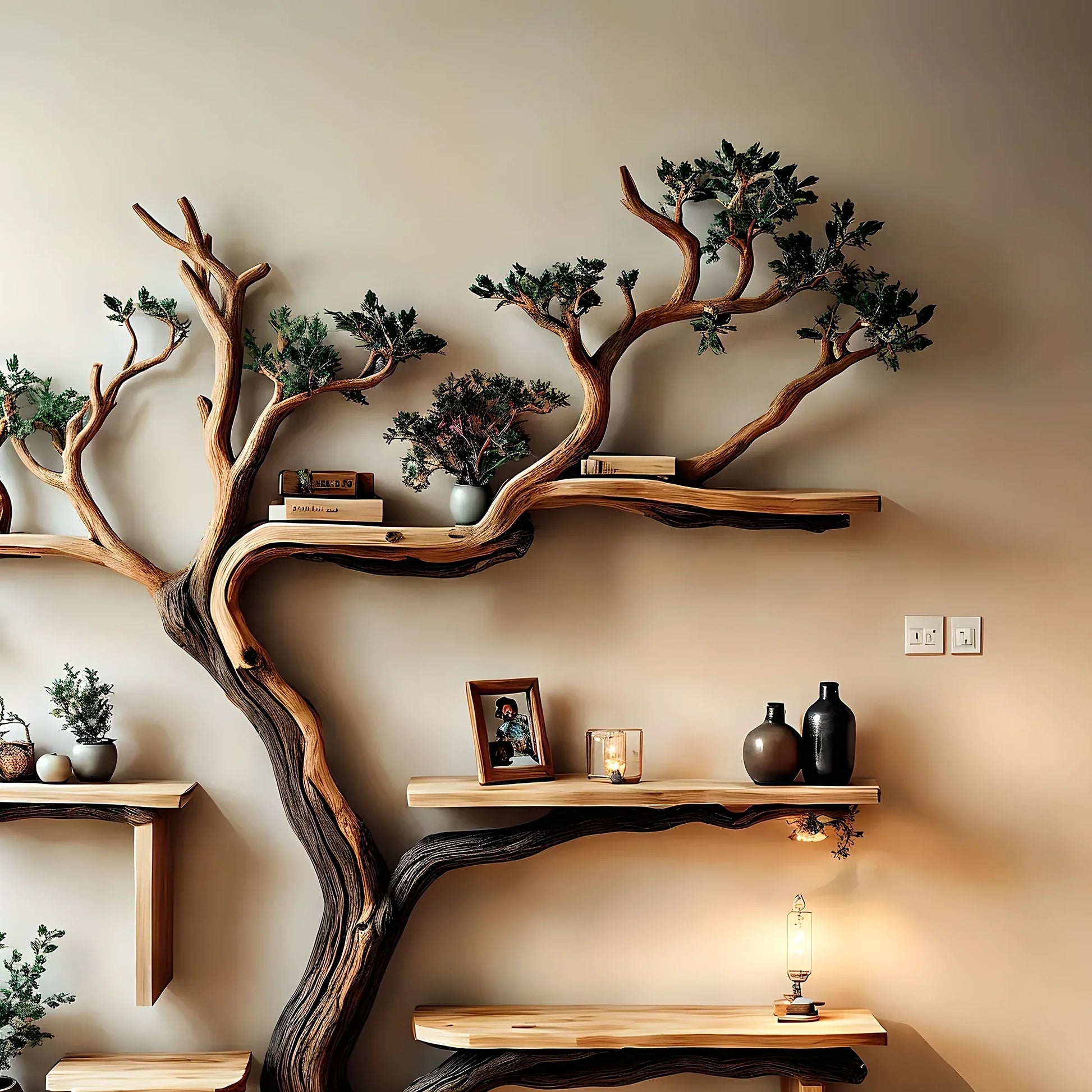 Handmade natural wooden tree branch bookshelf, children's room bookshelf, gift 