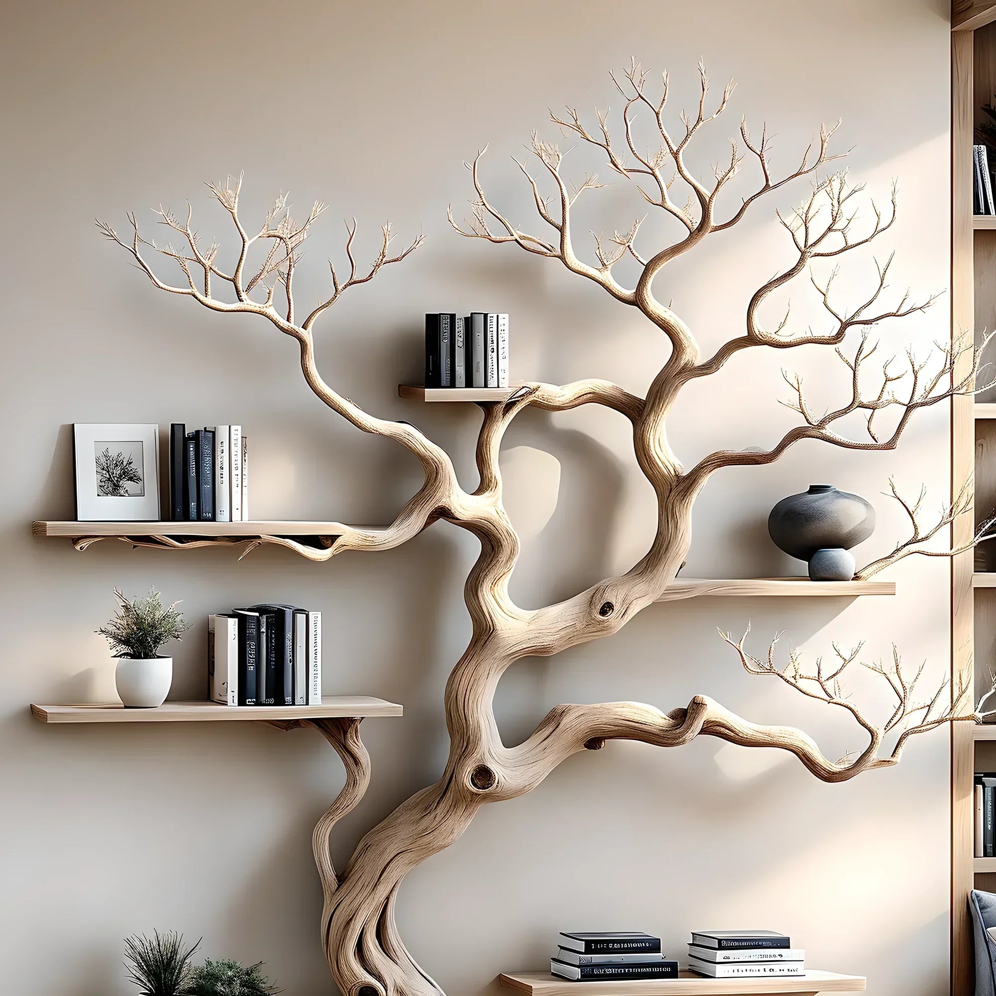 Handmade tree branch bookshelf, natural wood, preschool bookshelf, children's room bookshelf, solid wood floating shelf 