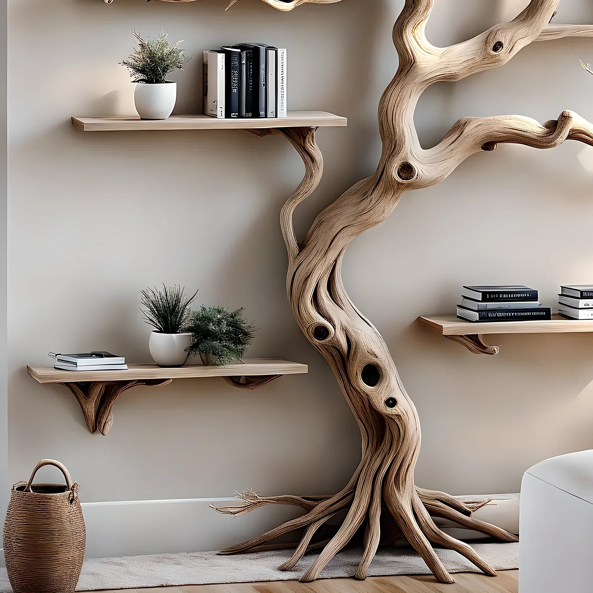 Handmade tree branch bookshelf, natural wood, preschool bookshelf, children's room bookshelf, solid wood floating shelf 