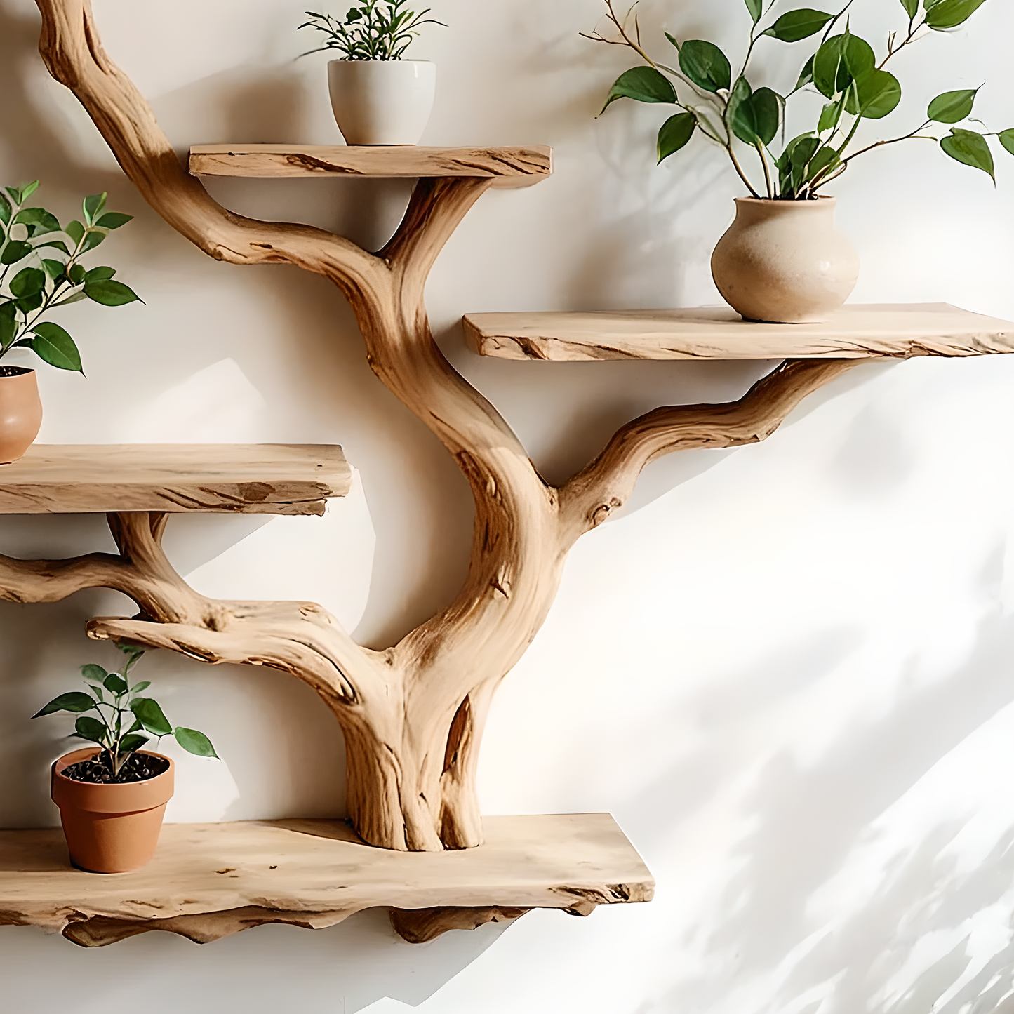 Handmade tree shelf with real wood branches. Perfect for books, plants, and wall decor. 