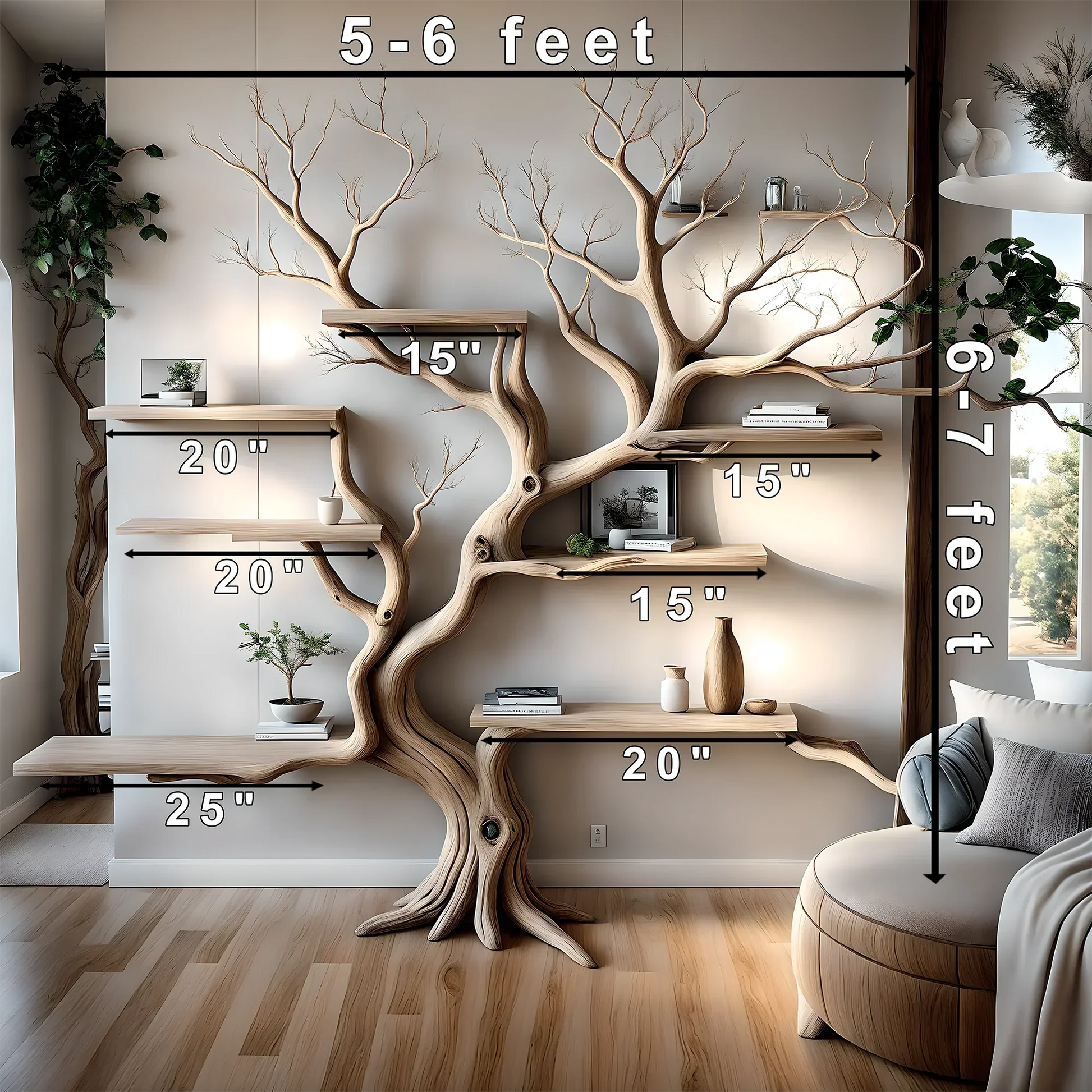 Handmade wooden bookshelf, Tree branch bookshelf, Living room decoration, Office decoration, Natural wood, Floating shelf 