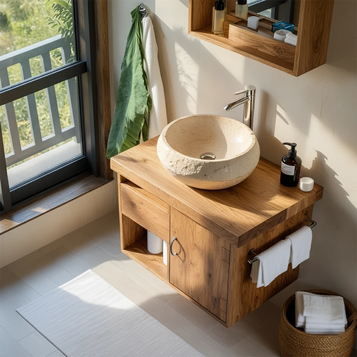 Harmony Wall-Mounted Vanity – Natural Solid Wood Compact Bathroom Cabinet - Rustira