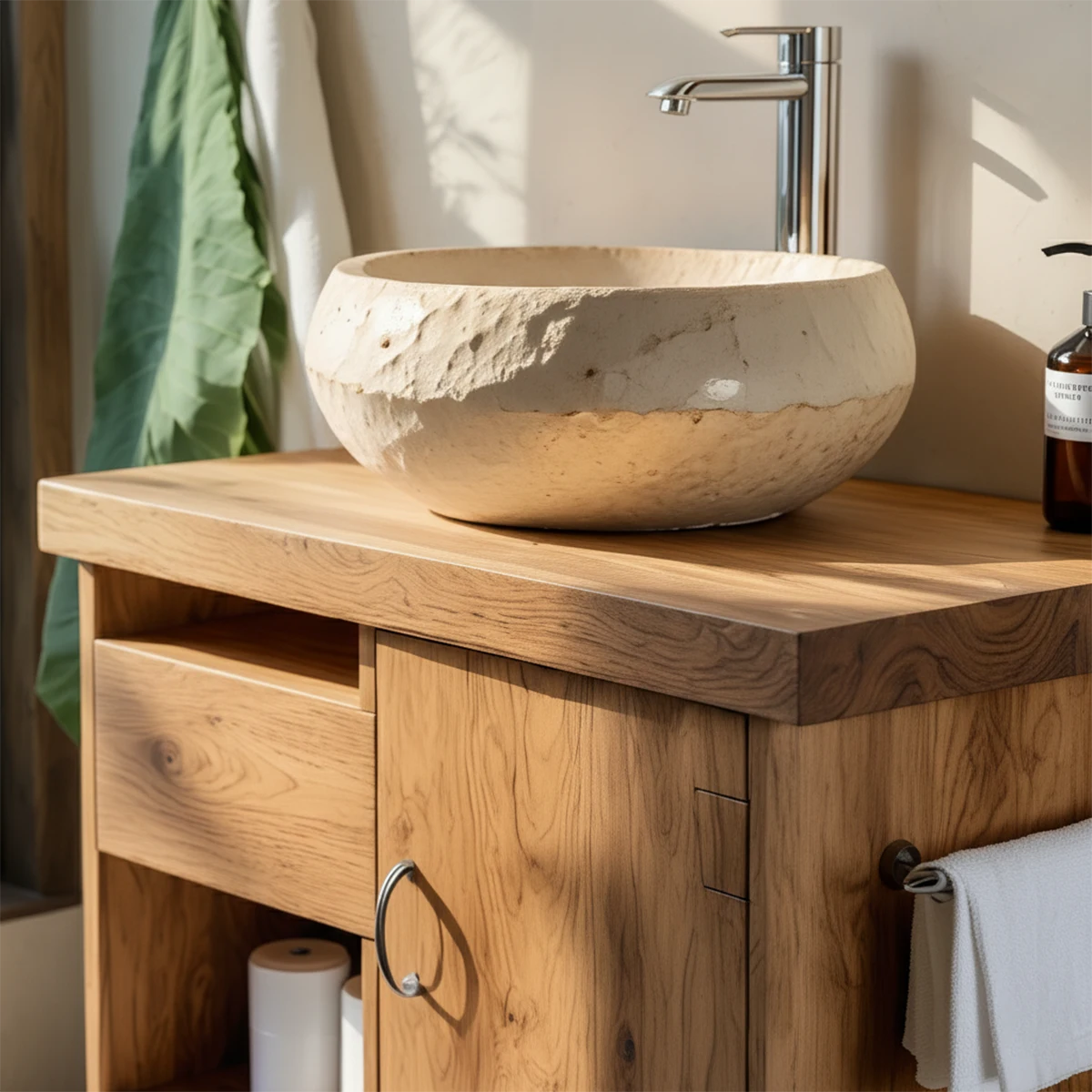 Harmony Wall-Mounted Vanity – Natural Solid Wood Compact Bathroom Cabinet - Rustira