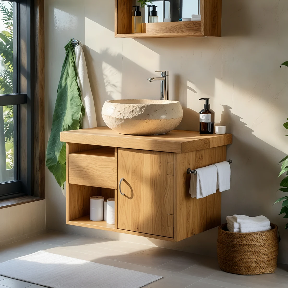 Harmony Wall-Mounted Vanity – Natural Solid Wood Compact Bathroom Cabinet - Rustira