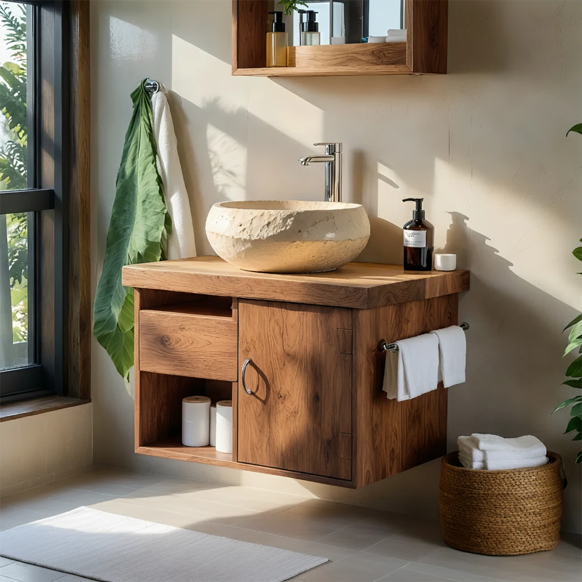 Harmony Wall-Mounted Vanity – Natural Solid Wood Compact Bathroom Cabinet - Rustira