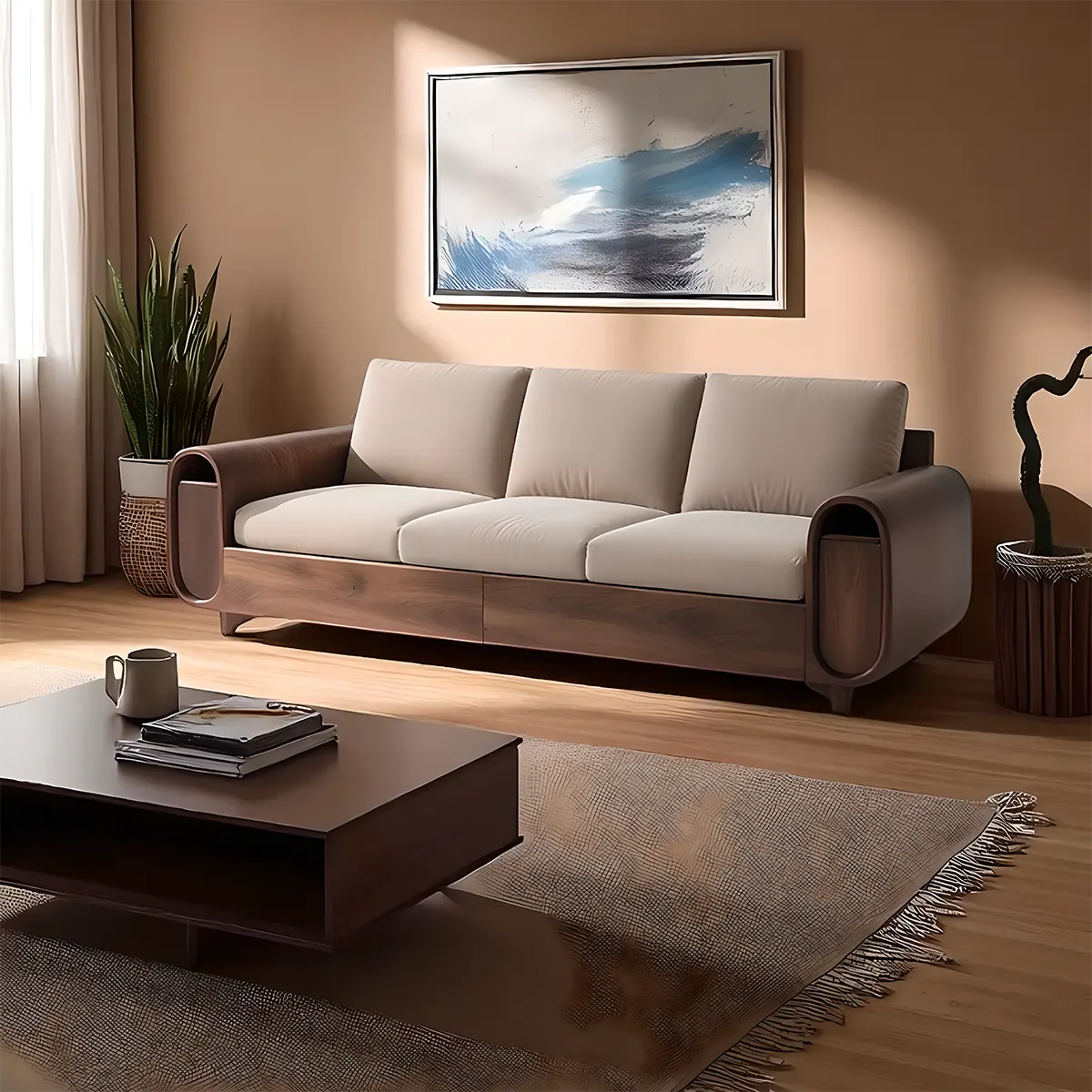 High-class Ash Wood Sofa - Modern Rounded Design, Soft Foam Cushion 