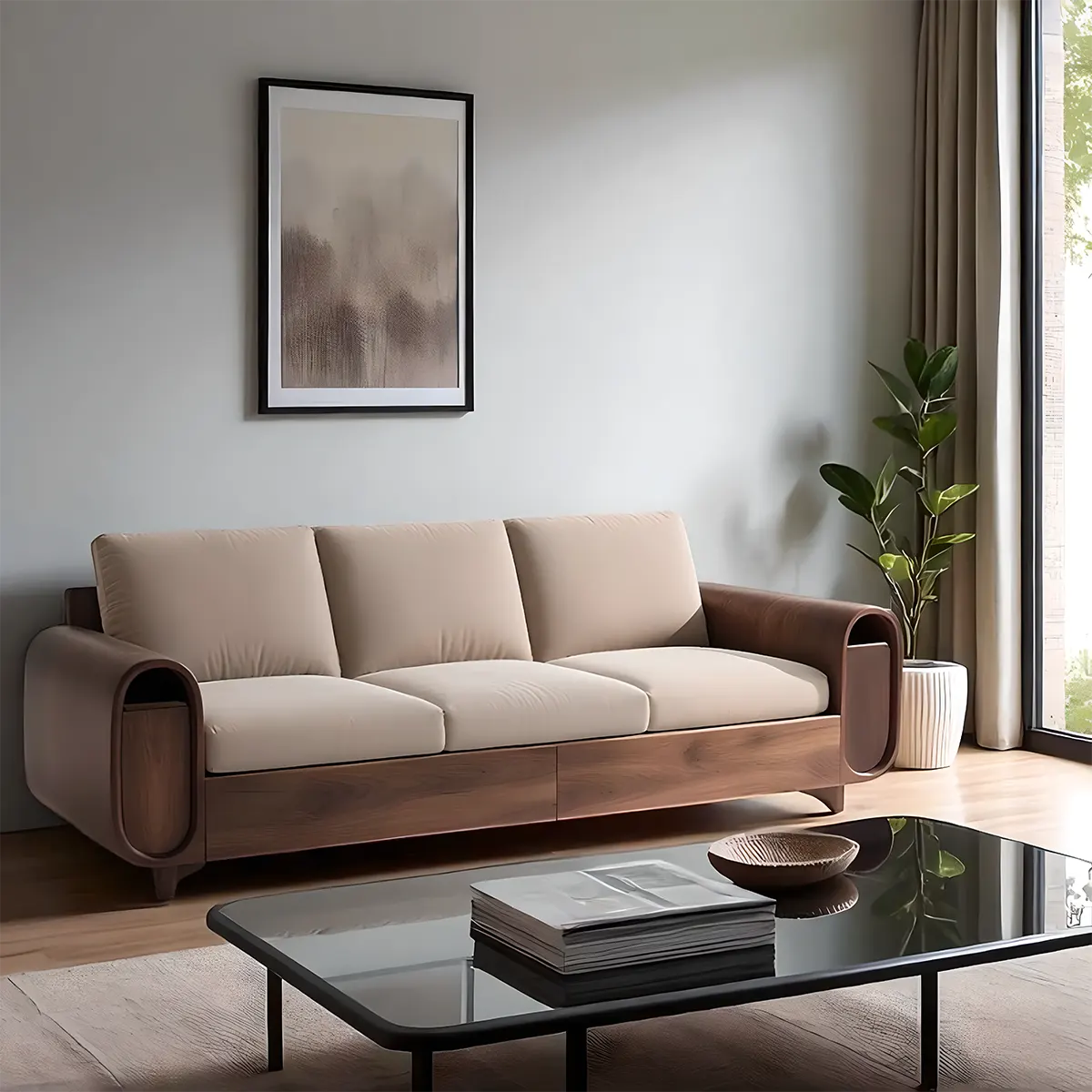 High-class Ash Wood Sofa - Modern Rounded Design, Soft Foam Cushion 