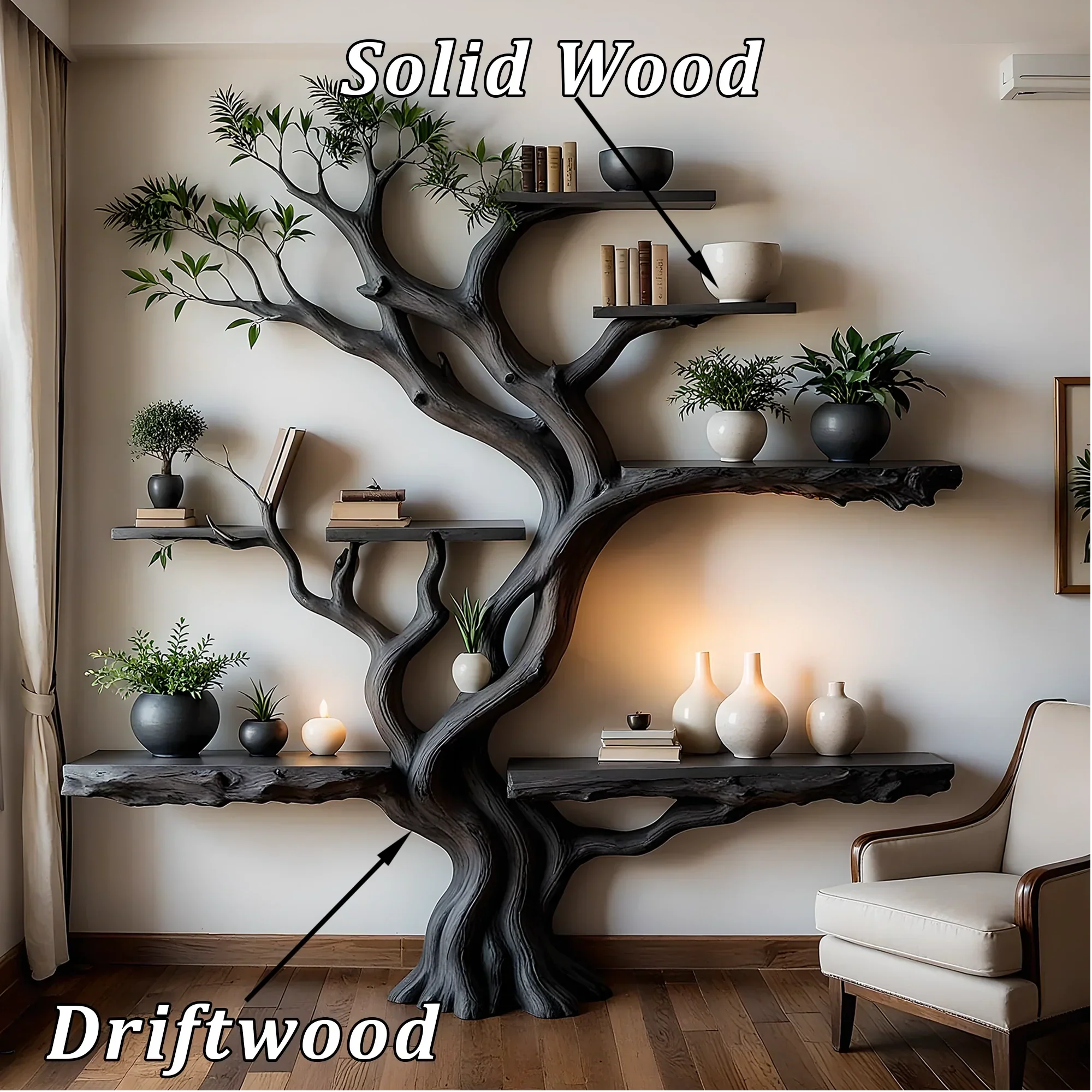 Tree Design Bookshelf – Rustic Charm in Solid Wood 