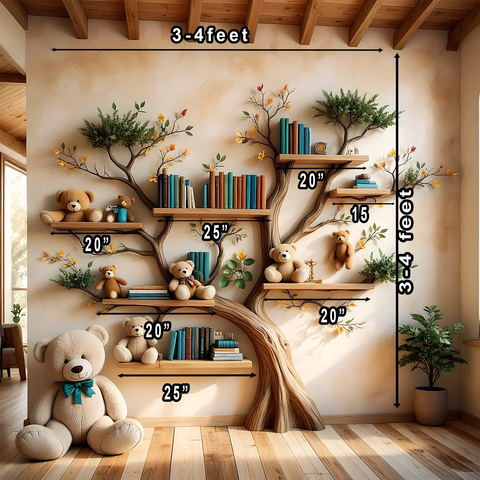 Wooden bookshelf designed in the shape of a tree - Create a joyful study space for children 