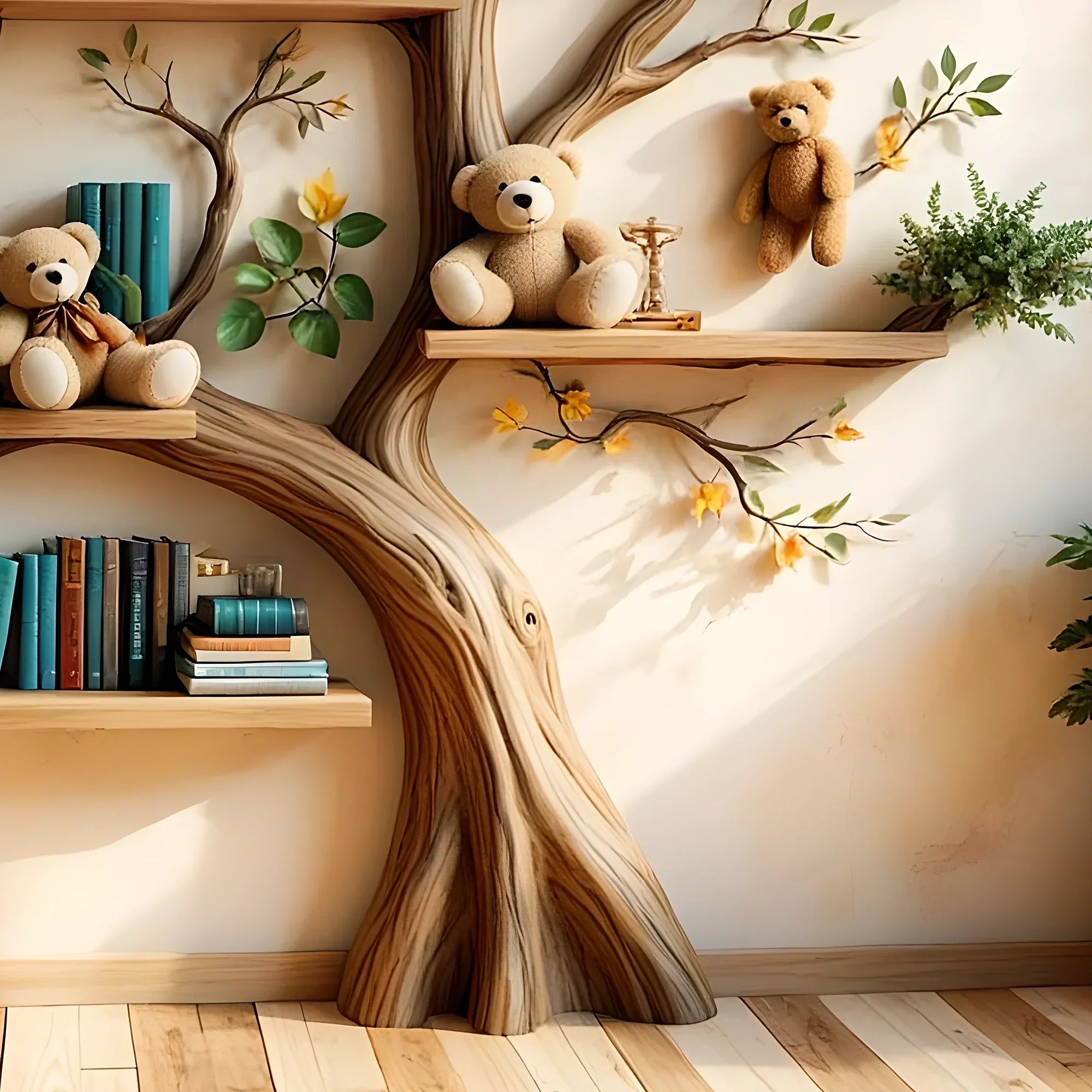 Wooden bookshelf designed in the shape of a tree - Create a joyful study space for children 