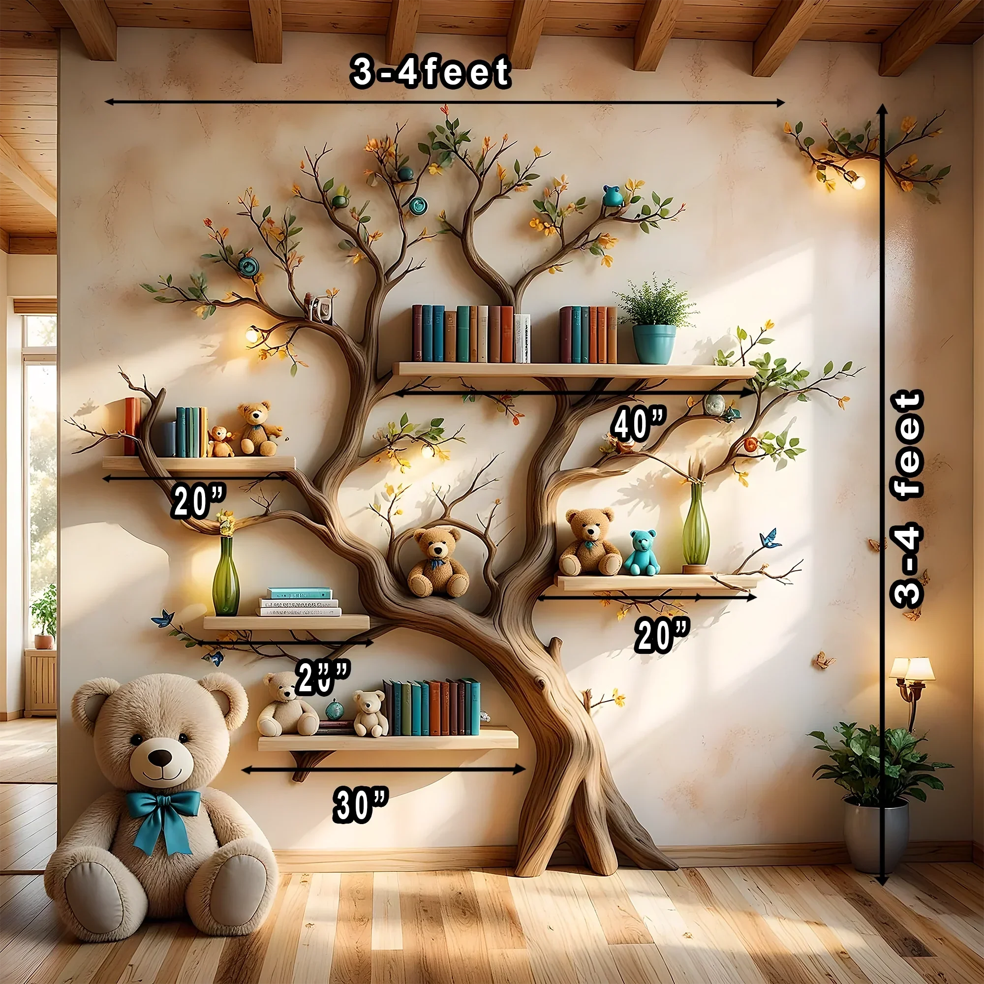 Wall-mounted bookshelf for children - Creative furniture made of natural wood 