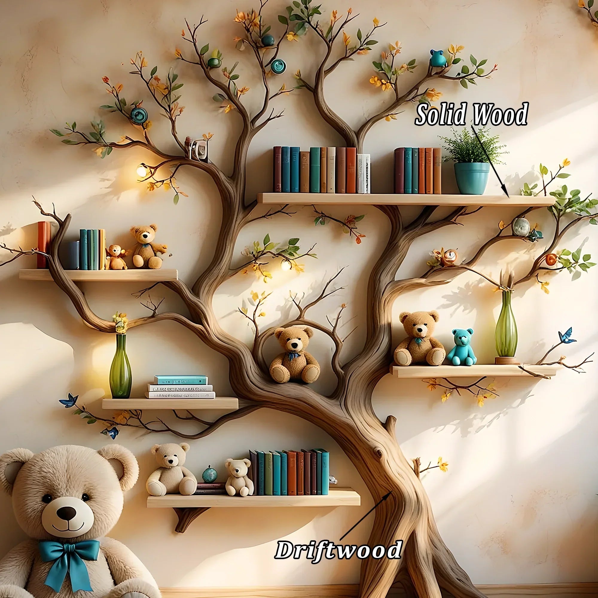 Wall-mounted bookshelf for children - Creative furniture made of natural wood 