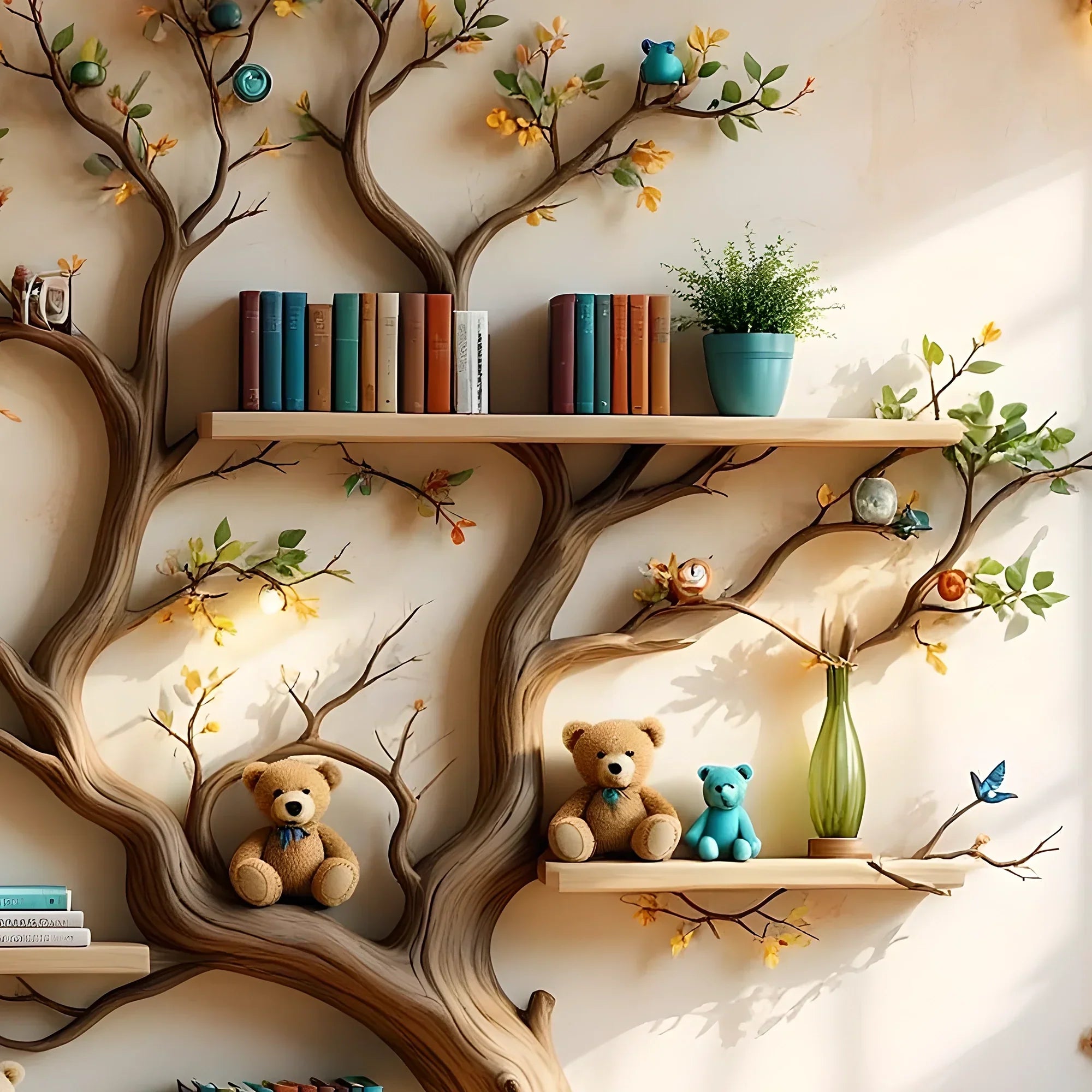 Wall-mounted bookshelf for children - Creative furniture made of natural wood 