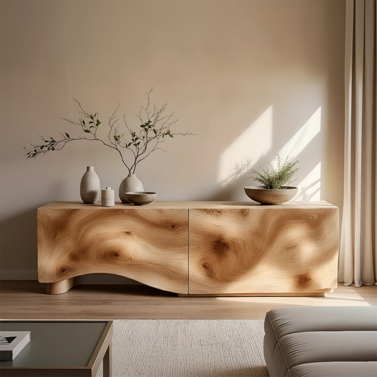 Light Burl Wave Solid Wood TV Console – Minimal Organic Design - Rustira