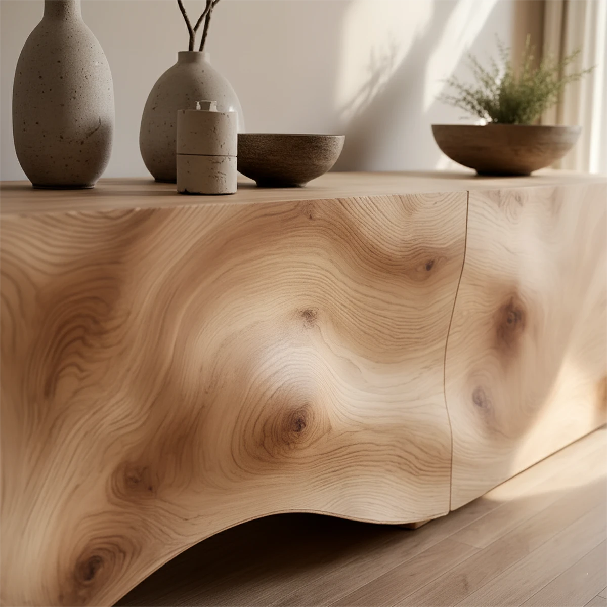 Light Burl Wave Solid Wood TV Console – Minimal Organic Design - Rustira