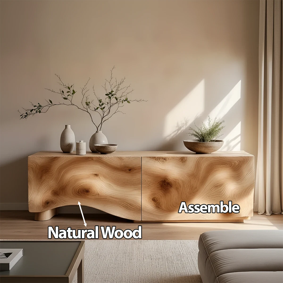 Light Burl Wave Solid Wood TV Console – Minimal Organic Design - Rustira
