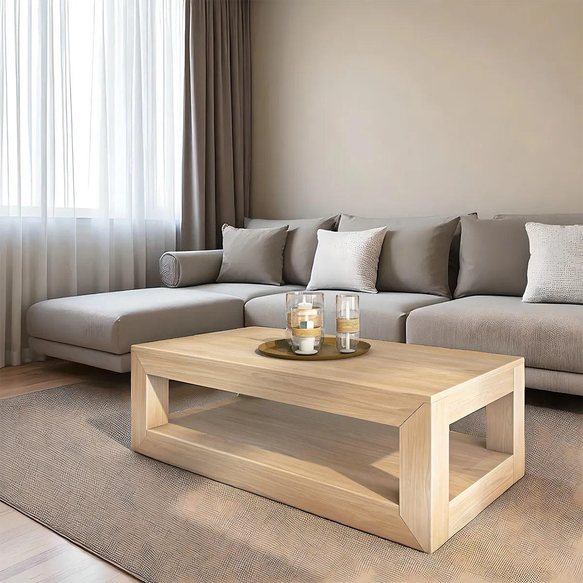 Light Oak Coffee Table, Modern Minimalist Design, 2 Tiers 
